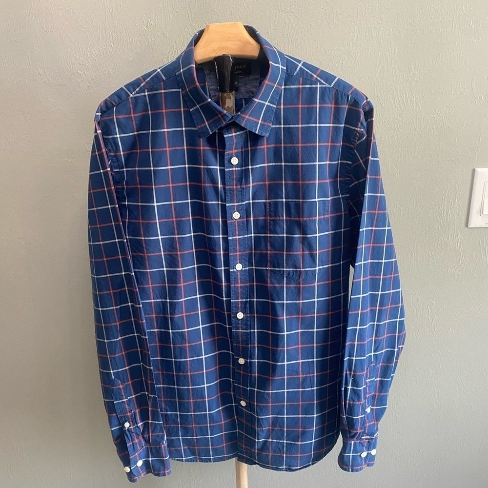 Banana‎ Republic Navy and Pink Plaid Men's Shirt
